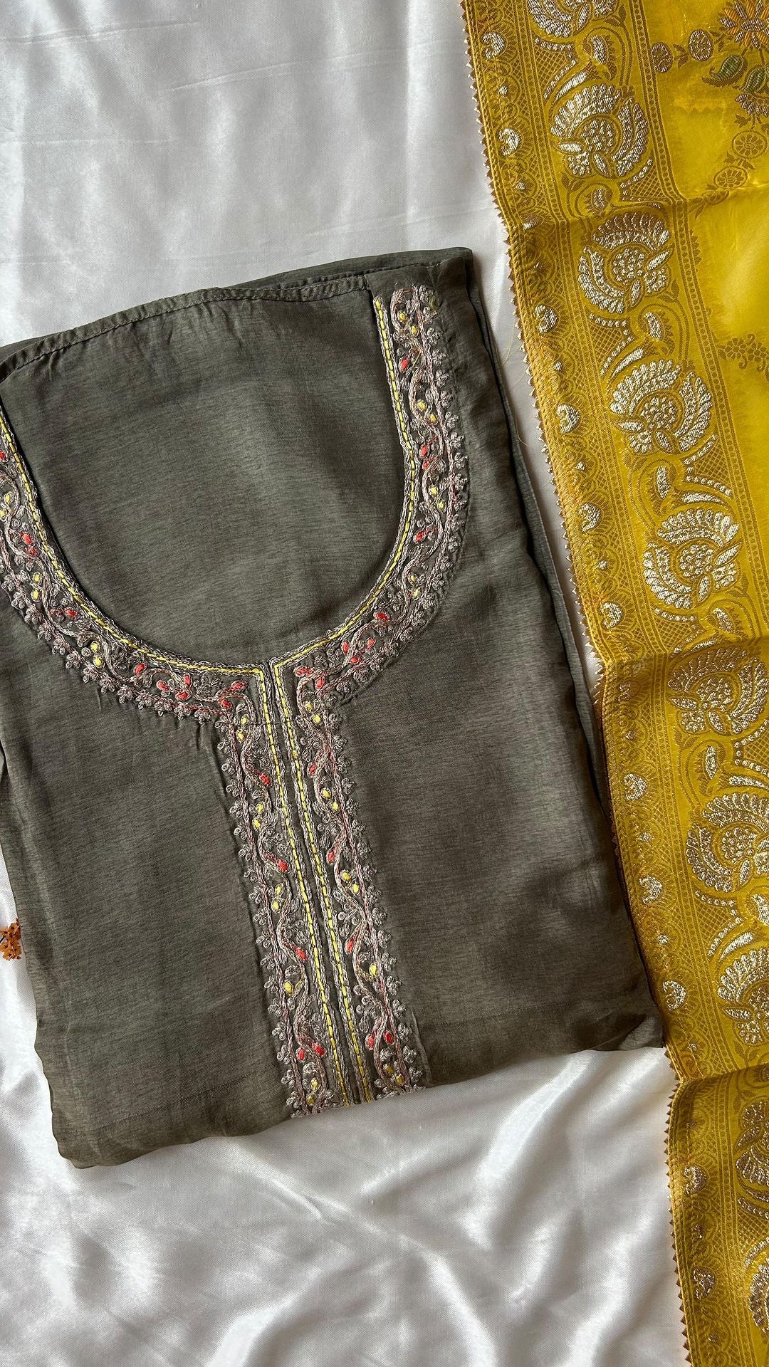 Uppada silk semi unstitched top with detailed embroidered neckline - Studio Thari